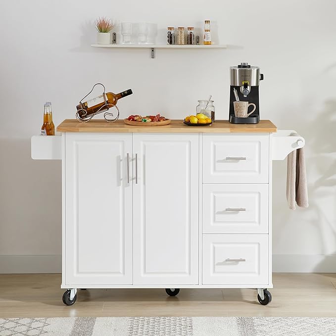 Rolling Kitchen Island Cart with Drop Leaf Countertop,Storage Cabinet and Tower Rack,Barn Door Kitchen Island Table On Mobile Wheels for Kitchen (White@e)