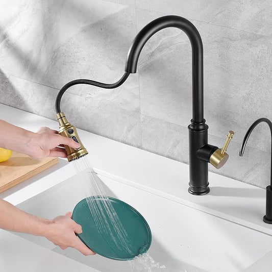 SUMERAIN Single Hole High Arc Kitchen Faucet with Pull Out Sprayer,Black and Gold Pull Down Kitchen Sink Faucet Stainless Steel