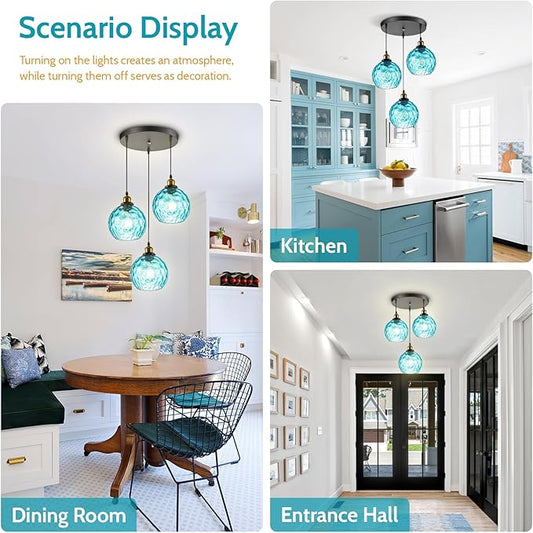 3 light Cluster Pendant Light, Mid Century Modern Dining Room Light Fixtures over Table, Kitchen Island Lights Ceiling Hanging Black, Blue Hammered Glass Chandelier Multi Pendant Light Fixture