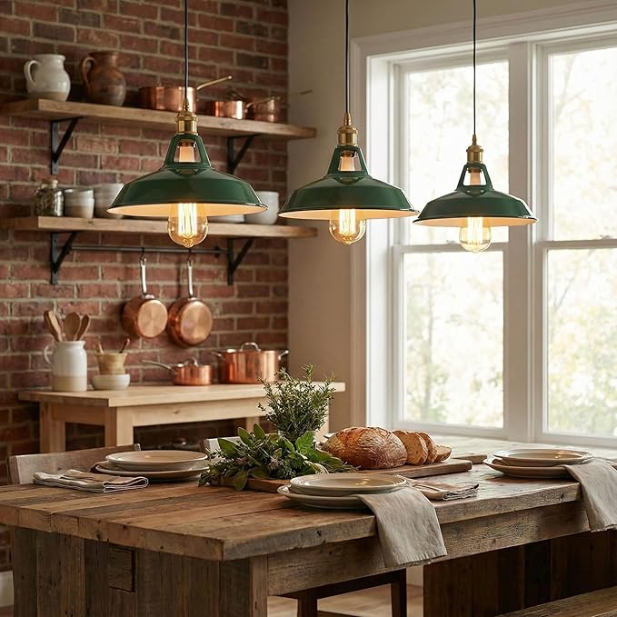 Green Industrial Farmhouse Pendant Light 1m Adjustable Cord, Vintage Barn Metal Hanging Lamp Fixture, Rustic Retro Ceiling Lighting for Kitchen Island Dining Room Bedroom E26 (Green)