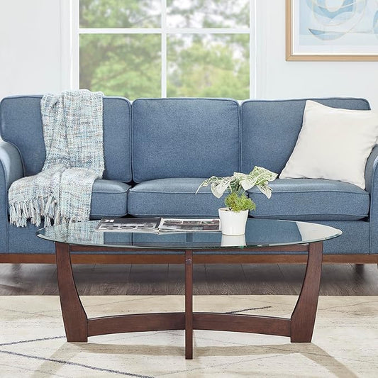 48" Oval Coffee Tables, Modern Center Table with Tempered Glass Tabletop Cross and Solid Wood Base, Small Space Coffee Table for Living Room Cherry