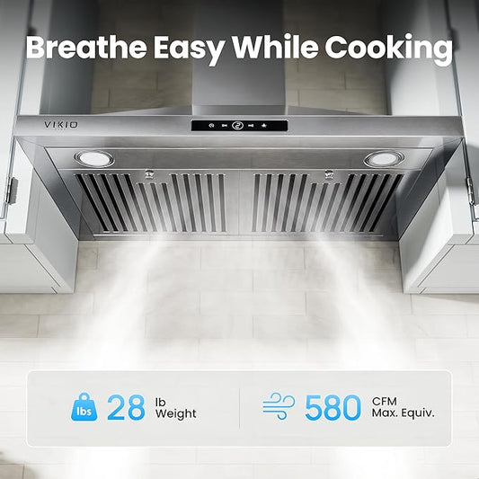VIKIO HOME Wall Mount Range Hood 30 inch, 580 CFM, Ducted/Ductless Convertible, Stainless Steel Kitchen Vent Hood with 3-Speed Fan and LED Lights