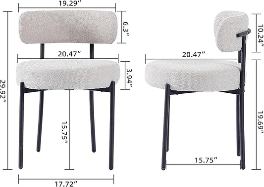 DYHOME Light Grey Boucle Dining Chairs Set of 2, Mid Century Modern Upholstered Kitchen Chairs with Curved Backrest and Black Metal Legs