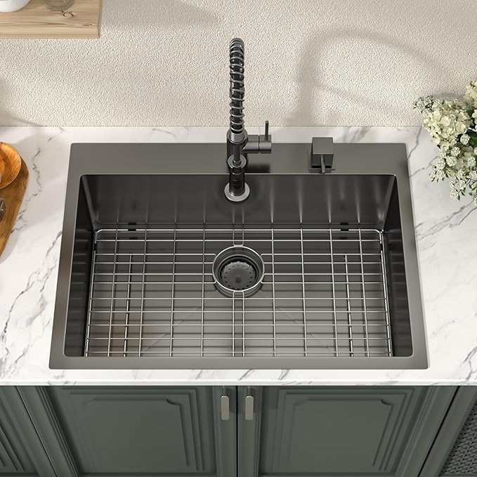Lordear 30x22 Kitchen Sink Black Drop In Single Bowl 16 Gauge Stainless Steel Gunmetal Black 30 Inch Topmount Kitchen Sinks 30" Basin