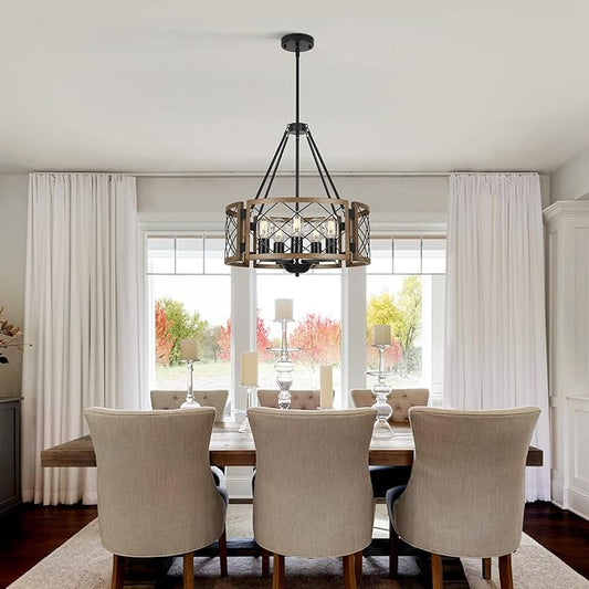 Sigaitwei 5-Light Farmhouse Chandelier Brown Rustic Chandelier for Dining Room Wood Texture Adjustable Pendant Light,Drum Chandelier for Kitchen Island Entryway Bedroom Hallway,18.9'',E26.