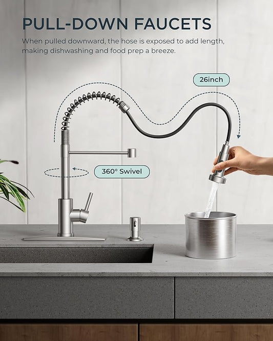 FORIOUS Kitchen Faucet with Soap Dispenser, Brushed Nickel Stainless Steel Spring Sink Faucet with Pull Down Sprayer Transitional Single Handle for Pot Filler, Farmhouse Camper Bar Laundry Room