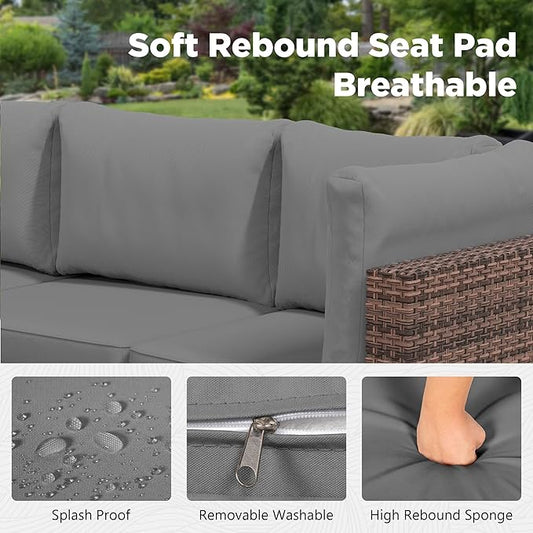 LHBcraft 7 Pieces Outdoor Wicker Rattan Patio Furniture with Rain Cover, Wicker Rattan Outdoor Sectional Sofa Set with Coffee Table & Gery Cushions for Garden, Poolside