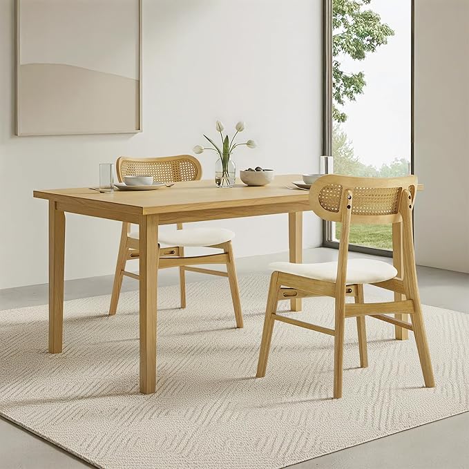 KISLOT Wooden Dining Chairs Set of 6, Upholstered Modern Dining Room Chairs, Mid Century Oak Wood Kitchen Chairs with Rattan Backrest for Farmhouse, Kitchen, Restaurant (Cream Fabric & Original Color)