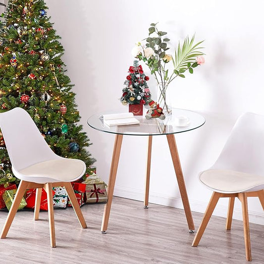 ivinta Round Dining Table for 4 People, 31.5" Modern Glass Kitchen Table with Tempered Glass Top and Wooden Legs for Dining Room, Living Room, RD-DT (Natural Wood)