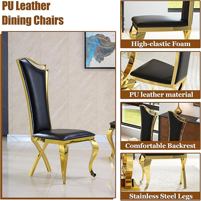7-Piece Modern Luxury Dining Table Set, 70" Black Tempered Glass Dining Table with Gold Polished Stainless Steel U-Shaped Pedestal Base, 6 Black PU Leather X-Leg Dining Chairs, for Dining Room
