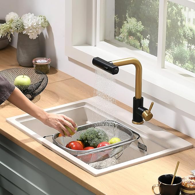CENOSA Kitchen Faucet with Pull Down Sprayer Waterfall Single Hole Kitchen Sink Faucet Stainless Steel Modern Kitchen Faucets Black and Gold
