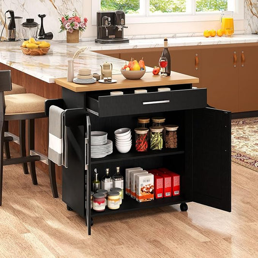 Giantex Kitchen Island, Rolling Kitchen Cart with Spice and Towel Rack, Large Drawer & 2-Door Storage Cabinet, Home Service Cart on Lockable Wheels, Wood Kitchen Trolley, Spacious Tabletop (Black)