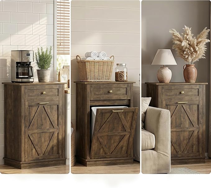 YESHOMY Tilt Out Trash Cabinet,10 Gallon Hidden Wooden Bin Cabinets, Laundry Hamper with Drawers, for Kitchen, Dining Room(Dark Brown)