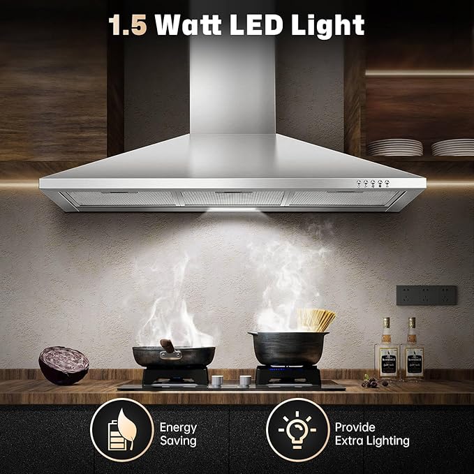 SNDOAS 36 Inch Range Hood, 450CFM Wall Mount Stainless Steel Kitchen Vent Hood - 3-Speed Exhaust Fan, Ducted/Ductless Convertible, Chimney-Style Stove Hood, LED Light & Push Button Control