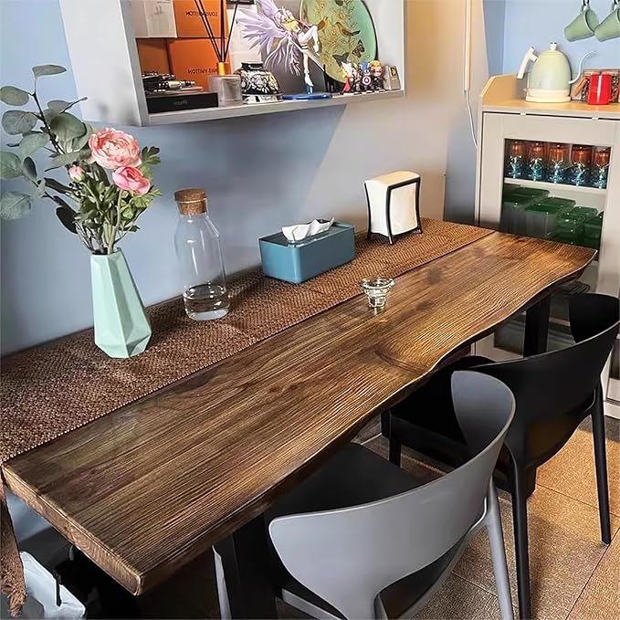 Industrial Solid Wood Dining Table,Rectangle Live Edge Kitchen Table,Rustic Pine Table Top & Metal Base,Large Long Dining Room Table for 2,4,6,8(63" L x 27.5" W x 29.5" H, Brown)