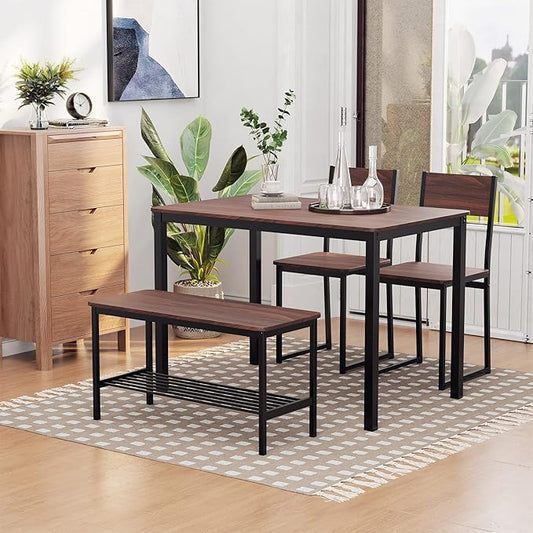 HOMCOM Industrial 4 Piece Dining Room Table Set with Bench Wooden Kitchen Table and Chairs w/Storage Rack for Kitchen, Dinette, Black/Brown