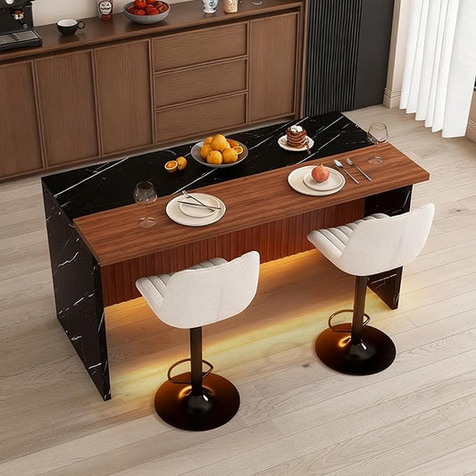 63" Modern Extendable Dining Table, Work Island with Led Lighting, Kitchen Island Table with Stools for Dining Room, Black+Beige