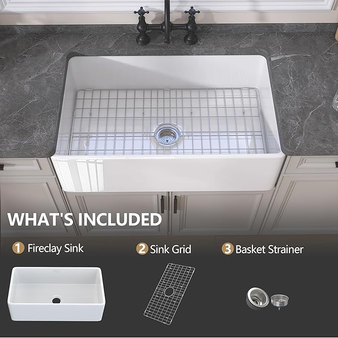 GETPRO Farmhouse Sink 33 Inch Fireclay White Kitchen Sink Apron Front Farm House Large Deep Single Bowl Undermount Modern Luxury Kitchen Basin Easy to Clean