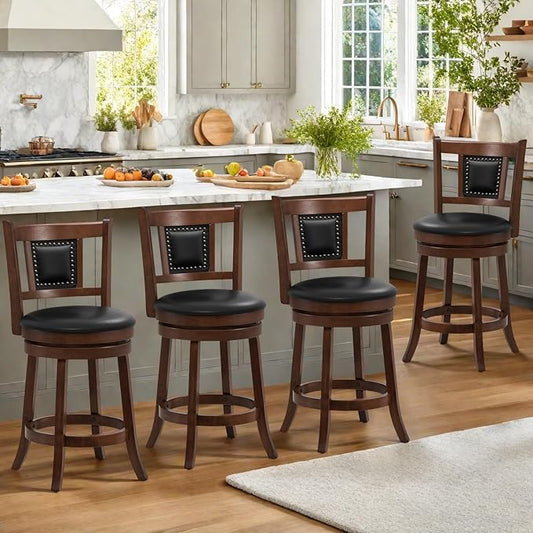 ERGOMASTER Swivel Bar Stools Set of 4-25.5 Inch Counter Height with Footrest, 360Β° Spin & Extra Wide Seat, Vintage Rubber Wood Frame, 250 lbs Capacity, Kitchen Island Stools for Small Spaces