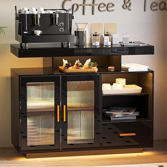 40" Wood LED Coffee Bar with Wireless Charging Station, Kitchen Storage Coffee Bar Cabinet with 2 Doors and 2 Shelves, RGB Modern Side Board Storage Cabinet for Kitchen(Black)