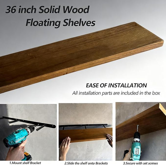 ROGMARS 36 Inches Long Walnut Floating Shelves,Rustic Solid Wood Farmhouse Wall Shelves with Invisible Brackets for Bathroom, Living Room, Bedroom, Kitchen Set of 2