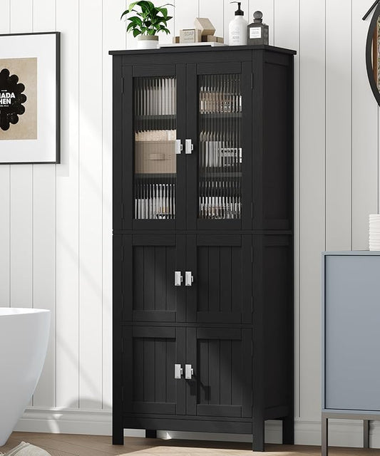 Akxomel 53.1" H Tall Bathroom Storage Cabinet, Bathroom Floor Cabinet with 6 Doors and Adjustable Shlef, Linen Cabinet, Pantry Cabinet for Living Room, Kitchen, Entryway, Black