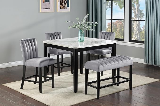 Counter-Height Square Table with Faux Marble Top and Black Wood Base, Versatile for Dining Room or Kitchen Island