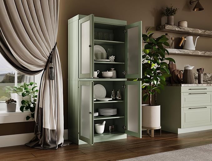 Palace Imports 100% Solid Wood Kitchen Pantry w/ 4 Frosted Glass Doors, Sage, 32" w x 71.5" h, Renewable Eco-Friendly Wood, Made in Brazil