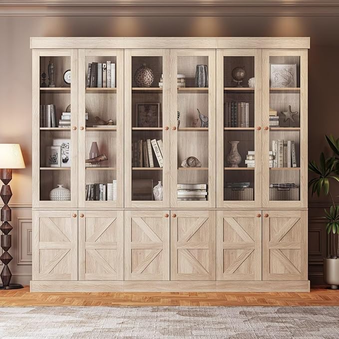 ivaniti 71" Tall Farmhouse Kitchen Pantry, Rustic Brown Wood Storage Cabinet with Glass Doors and Adjustable Shelves, Versatile Hutch for Dining Room, Living Room, Set of 2