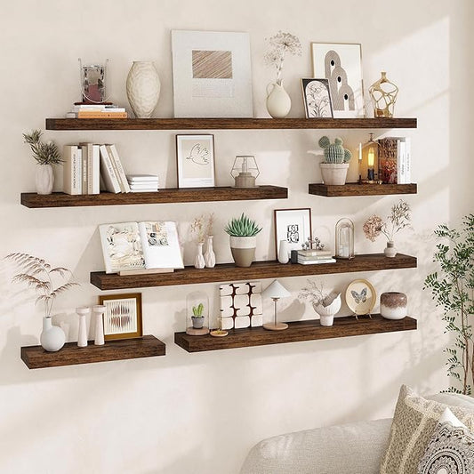 Fun Memories 66 Inch Fireplace Mantel - Long Floating Shelf, Wall Mounted Farmhouse Display with Invisible Heavy Duty Metal Bracket, Brown, 2 Pack