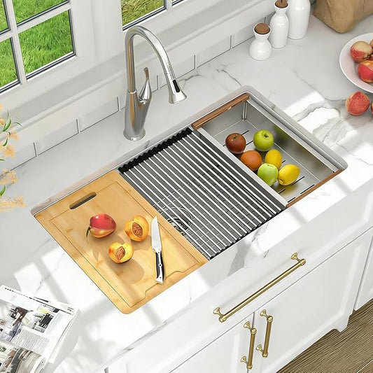 Lordear 33 Inch White Kitchen Sink Undermount Composite Granite Quartz Single Bowl Workstation 33x19x10 Inch Under Counter Kitchen Sinks