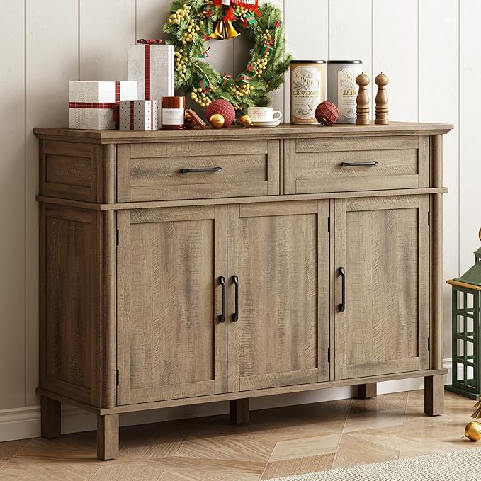 48 Inches Buffet Cabinet with Storage, Farmhouse Sideboard Buffet w/2 Drawers and 3 Doors, Wood Coffee Bar Cabinet with Adjustable Shelves, Sideboard Storage for Kitchen, Living Room, Washed Grey
