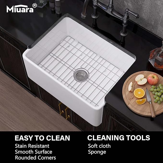 Miuara Farmhouse Sink 24 Inch - Small Apron Front Undermount Kitchen Sink Reversible 24"x18"x10", Farm House Style Single Bowl, Heavy Duty Solid Fireclay, Glossy White, for Kitchen & Laundry & Powder