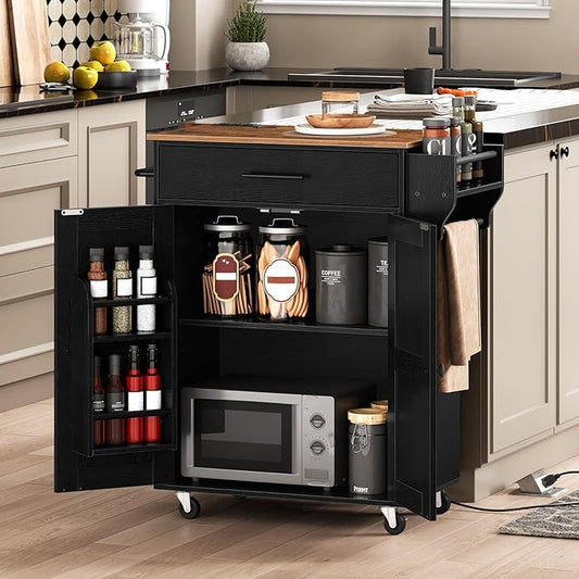 HOOBRO Kitchen Island with Power Outlet, Rolling Kitchen Island with Large Worktop, Kitchen Island Cart with Spice Rack and Drawer, Island Table for Dining Room, Rustic Brown and Black BF88UZD01