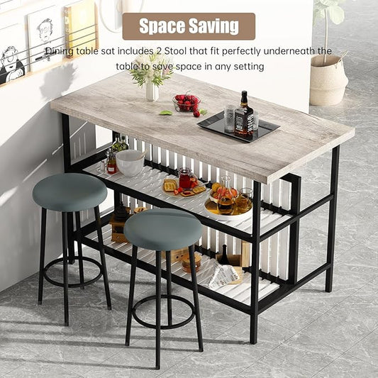 AWQM Kitchen Island with Seating & Storage Shelf, Faux Marble Island Table for Kitchen, Modern Bar Table and Chairs Set for 2,Dining Table Set for Small Space,Grey