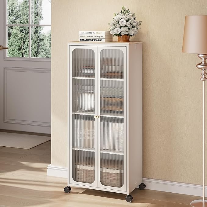 Metal Storage Cabinet Organizer,Kitchen Storage Cabinets With Doors and Shelves,Small Tall Narrow Cabinet with Acrylic Doors & Wheels, Slim Office Cabinets Shelf,NO SCREW NO TOOL ASSEMBLY,White