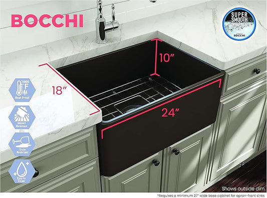 BOCCHI Classico Farmhouse Apron Front Fireclay 24 in. Single Bowl Kitchen Sink with Protective Bottom Grid and Strainer in M. Brown