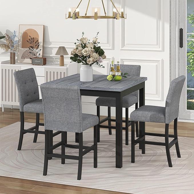 Virubi 5-Piece Dining Table Set for 4 with Chairs, Modern Square Solid Wood Kitchen Table Set with Upholstered High-Back Stools w/Footrest for Home Kitchen Dining Room, Black