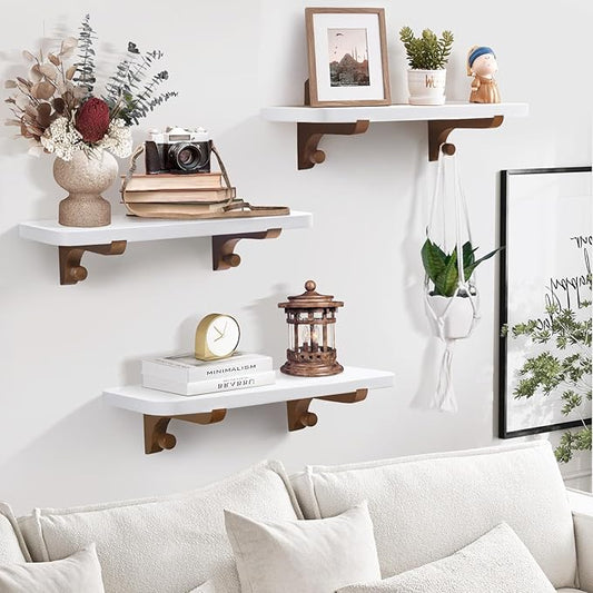 Wooden Floating Shelves for Wall, 15.7" W x 6" D x 0.6" H Large Wall Shelves, Hanging Storage Shelf with Hooks for Living Room, Kitchen, Bathroom, Bedroom Decor, Walnut, 3 Packs