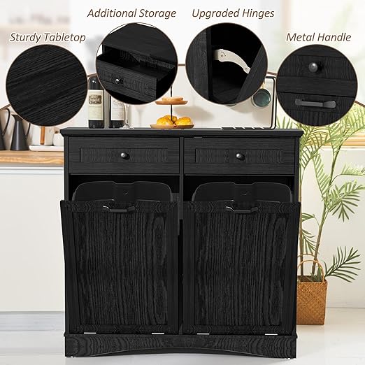 Double Tilt Out Trash Cabinet Freestanding Wooden Garbage Can Cabinet with Hideaway Drawers, 2x13 Gallons Pet Proof Garbage Can Holder for Kitchen Living Room, Dark Black