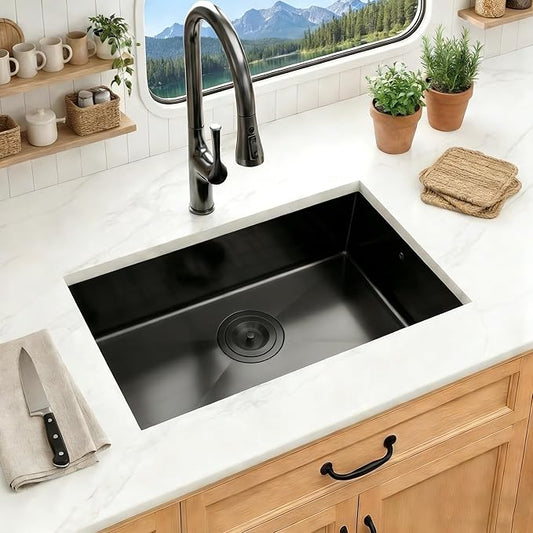 MILOSEN Black RV Kitchen Sink, 27''×16''×7'' 16 Gauge T304 Stainless Steel Drop-in/Undermount Black RV Sink, Single Bowl Sinks for Caravans/Campervans & Site Cabins, 7 inch Depth Outdoor Trailer Sinks