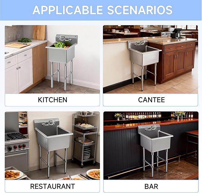 ROCKPOINT Stainless Steel Prep & Utility Sink with 8" Faucet, 1 Compartment Commercial Handmade Sink with 24" D x 24" W x 13" H Bowl for Restaurant,Kitchen,Laundry,Hotel and Home