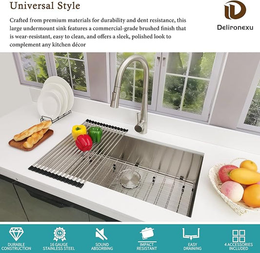 32 Inch Undermount Kitchen Sink - Delironexu 16 Gauge Stainless Steel Kitchen sink Single Bowl, 32''x18'' Undermount Sink with Brushed Finish, Includes 4 Accessories