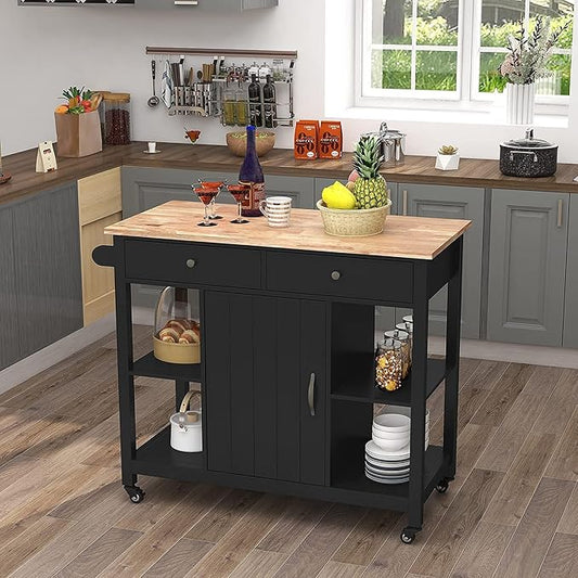 GOWE 40" Kitchen Island Cart ¨C Rubber Wood Top, Locking Wheels, Versatile Storage & Towel Rack,Black