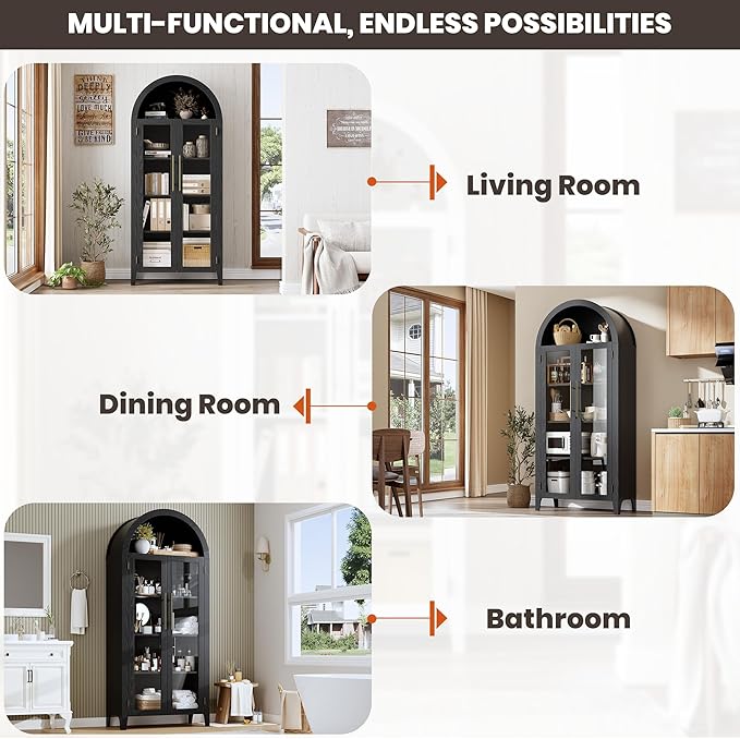 IDEALHOUSE Arched Kitchen Pantry Storage Cabinet - Farmhouse 5-Tier Display Shelf with 2 Large Glass Doors and Adjustable Shelf, Versatile Cupboard for Kitchen, Dining Room, Living Room, Black