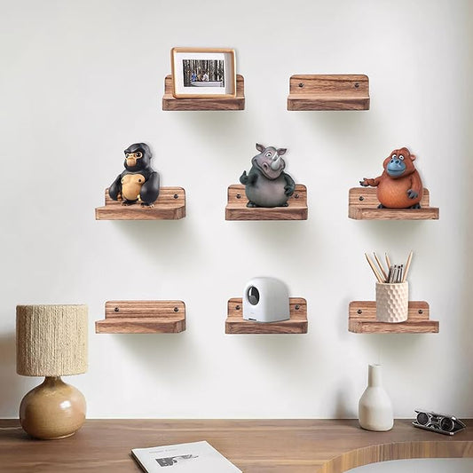 Small Floating Shelf, 4x4 Inch Display Ledges for Wall,Mini Shelves,Rustic Wood Shelf for Bedroom Living Room Bathroom Kitchen (8, Carbonized Black)