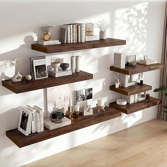 Heimlove 12 Inch Deep Floating Shelves, 72 x 12 inches Long Wall Shelf, Large Extra Display Shelf & Storage Shelf, Rustic Wood Wall Shelves for Fireplace Mantel, Rustic Brown - 1Pack