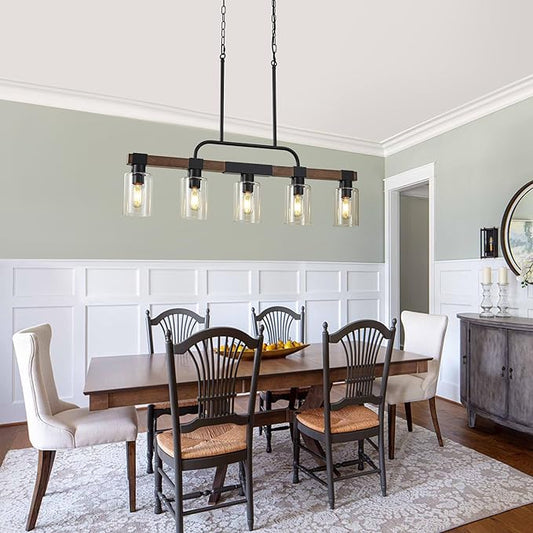 Farmhouse Dining Room Light Fixtures Over Table,Rustic Ceiling Pendant Lights Kitchen Island,5-Light Wood Kitchen Island Lighting Linear Chandelier with Clear Glass lampshade