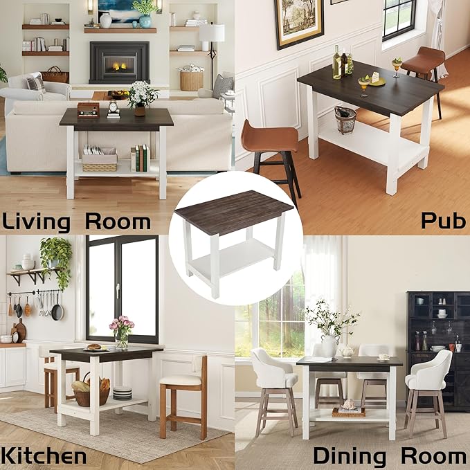 47.25" Dining Table for 2 4 6 Rectangular Rustic Solid Wood Dining Room Table with Storage for Kitchen, Living Room, Home Office, Brown and White