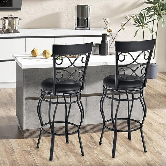 WATERJOY Retro Bar Chairs Set of 4, 360 Degree Swivel Padded Bar Stools Leather Seat Bistro Dining Kitchen Pub Metal Chairs